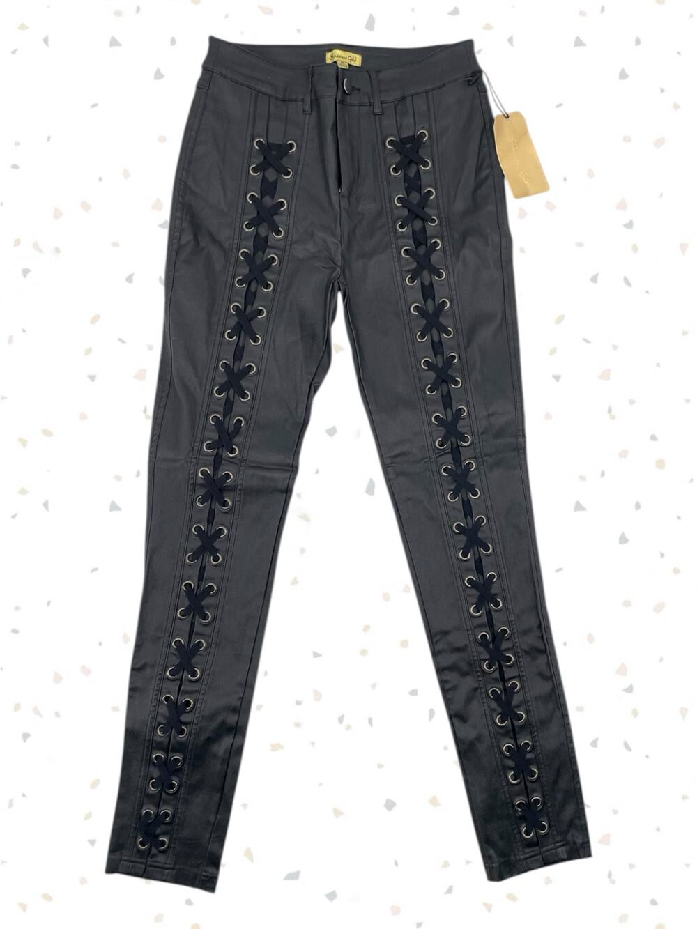 Shinestar Black Lace Up Faux Leather Pants Goth Cosplay Costume Halloween M NEW